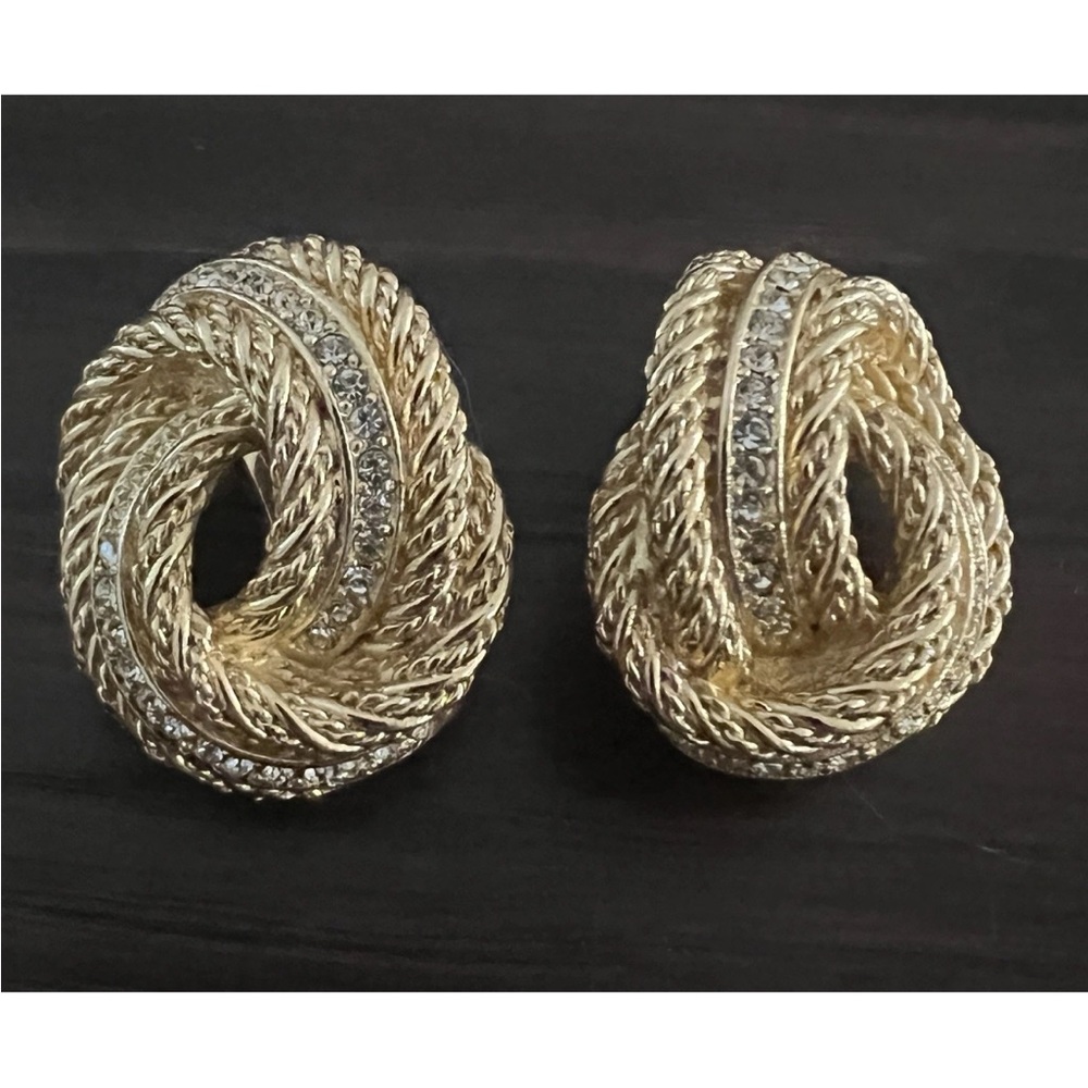 Christian Dior Vintage Clip On Earrings Rope Knot Swirl Gold Rhinestone